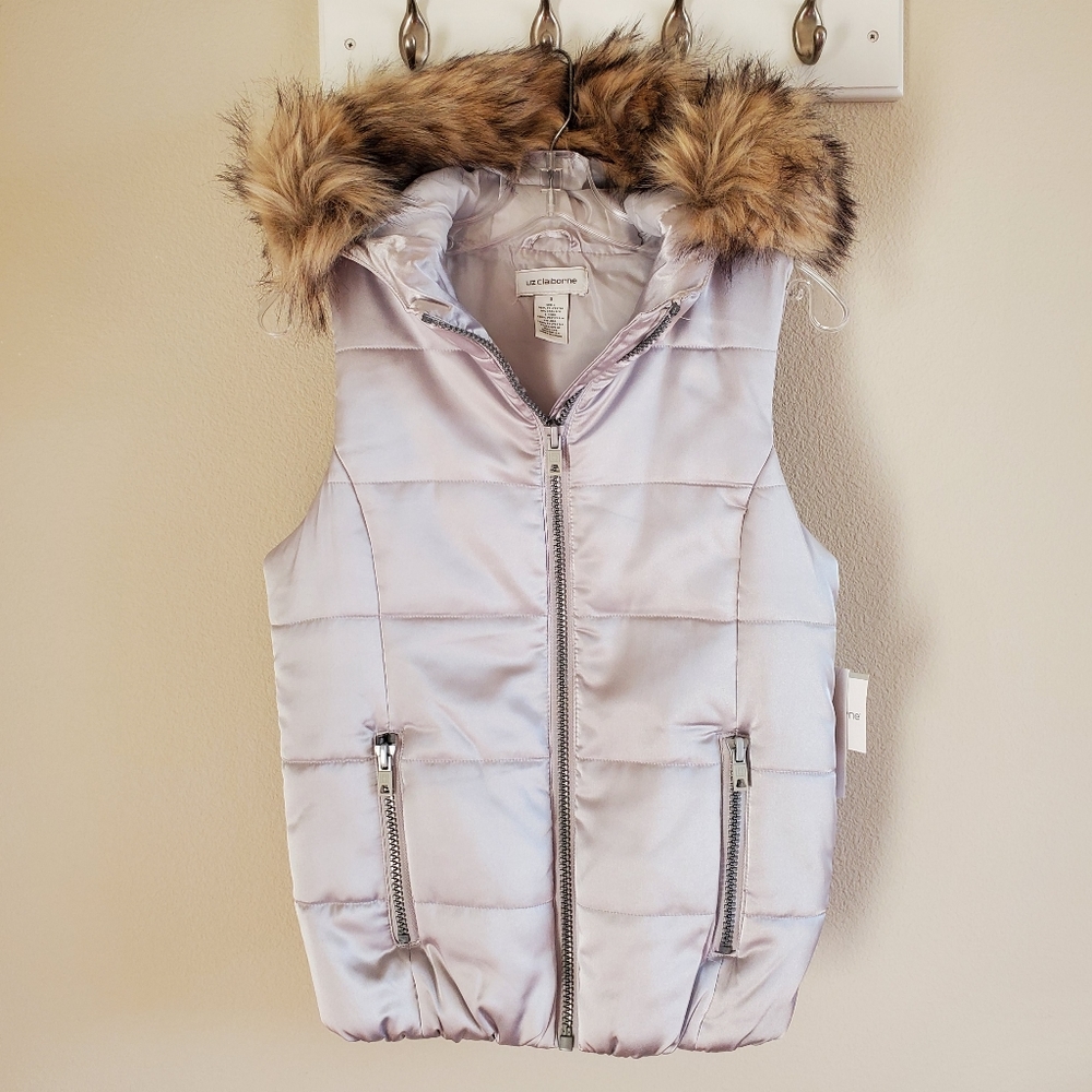 Liz Claiborne puffer vest fur lined silver size Small New